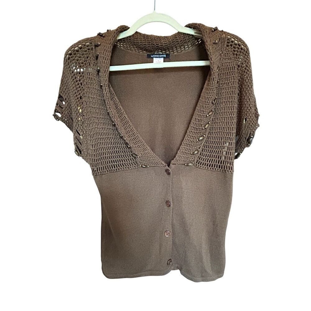 Luciano Dante Brown Knit Beaded Boho Crochet Short Sleeve Button Sweater Top XL